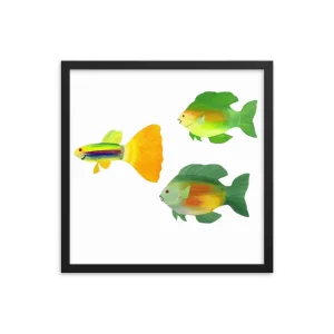 Illustration of four colorful fish in a black frame.