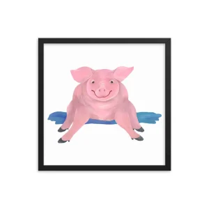 A smiling pig lying on a blue puddle, framed in black.