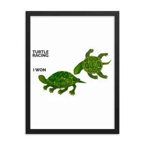 Illustration of two turtles racing with the winner declared.