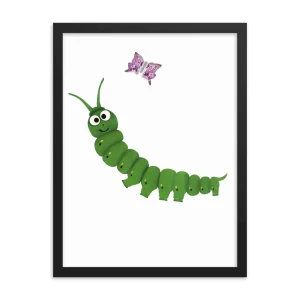 Illustration of a smiling green caterpillar with a purple butterfly.