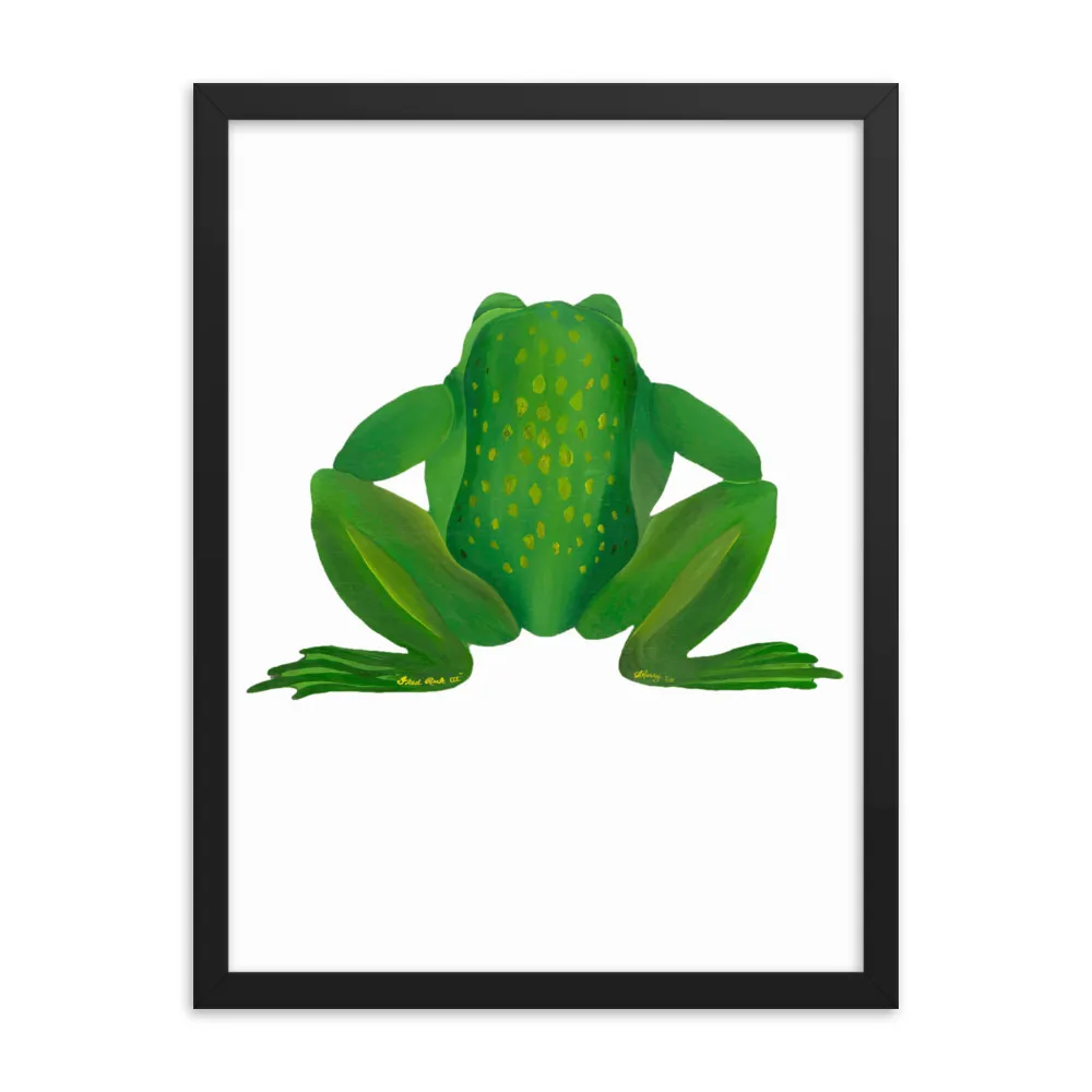 A vibrant green frog sitting, viewed from behind.