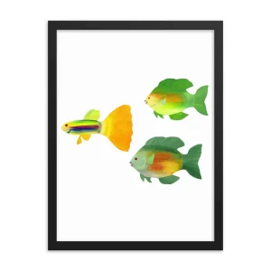 Framed artwork of colorful tropical fish swimming.