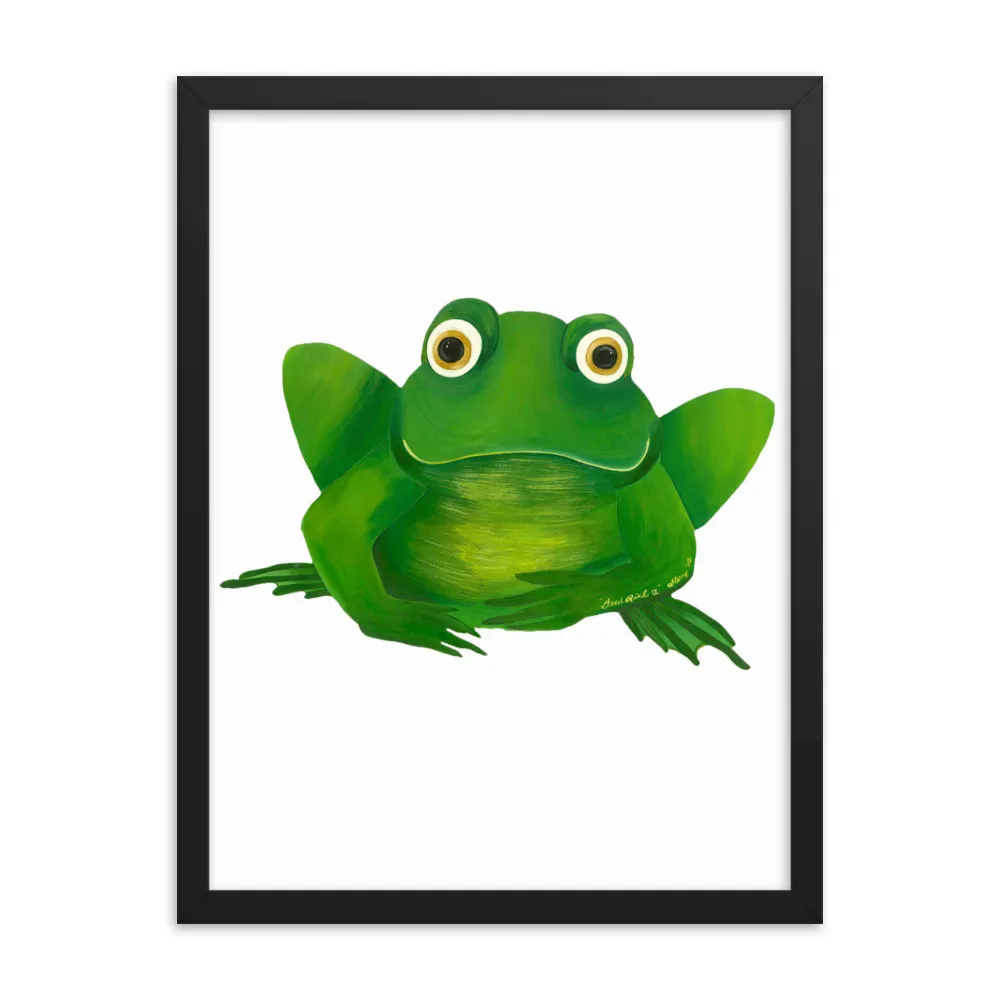 A green frog with large eyes on a white background.