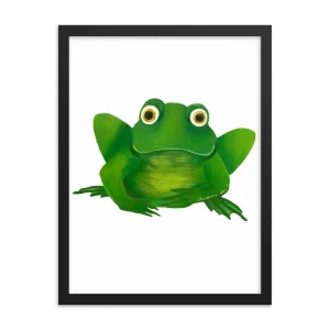 A green frog with large eyes on a white background.