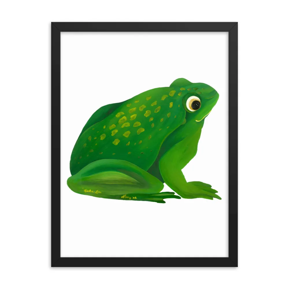 A vivid green frog with detailed textures on a white background.