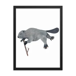 Illustration of a beaver holding a stick on white background.
