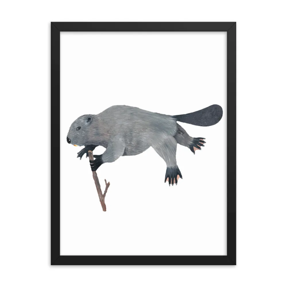 Illustration of a beaver holding a stick on white background.
