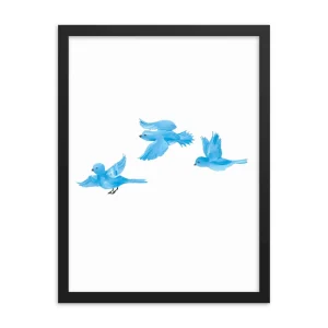 Minimalist artwork of four blue birds in flight within a black frame.