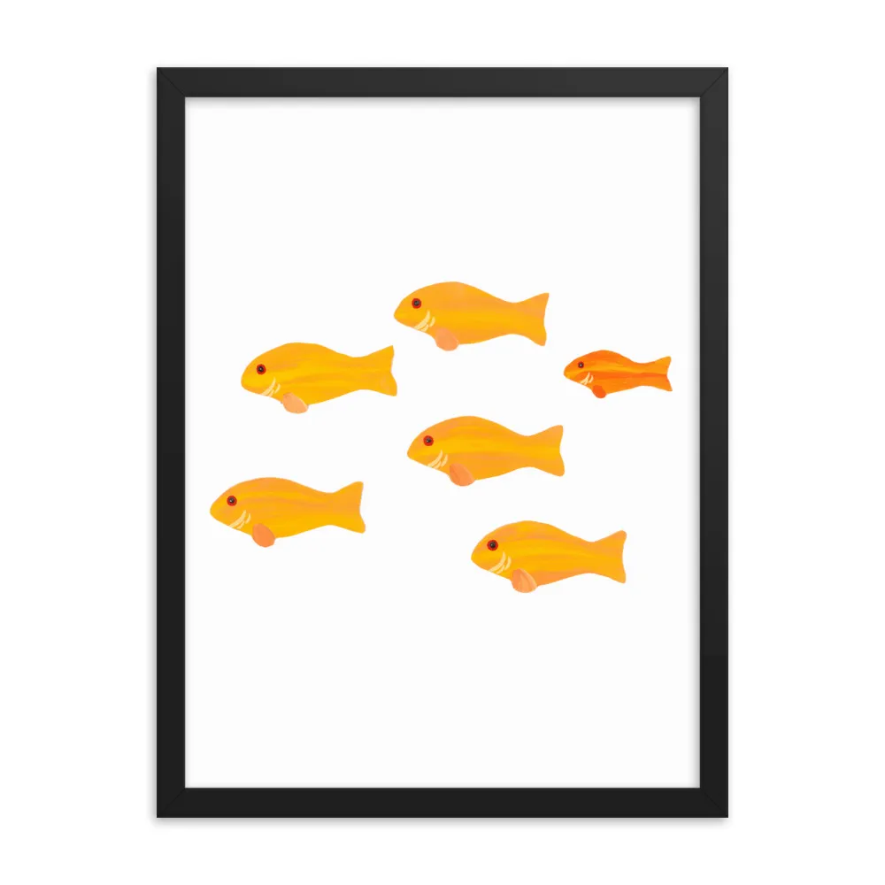 Minimalist art of six orange fish swimming on white background.