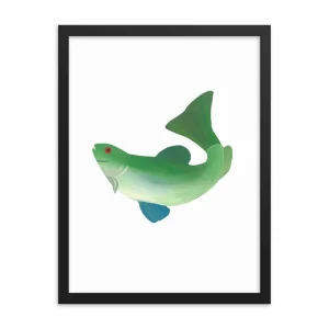 Minimalist green shark illustration in a black frame.