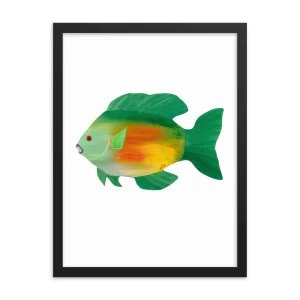 Colorful green and orange fish illustration in a black frame.