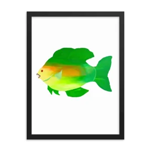 Illustration of a green and yellow fish in a black frame.