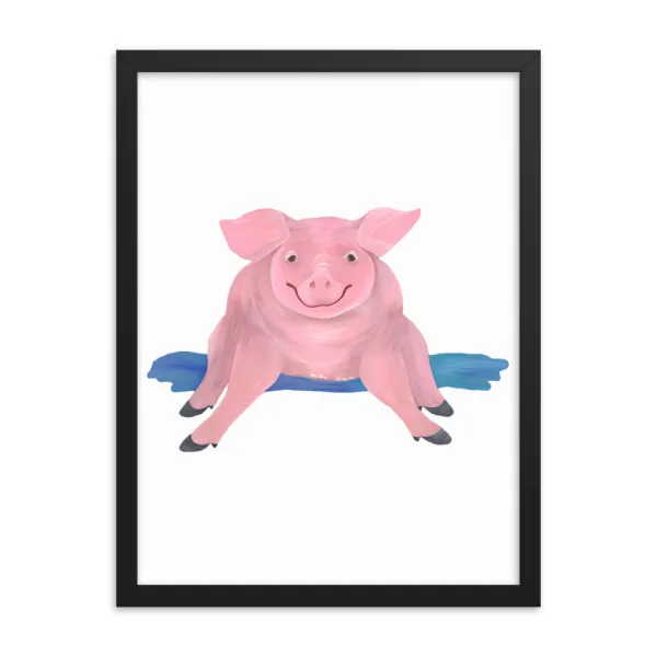 A cheerful pink pig lying on a blue mat.