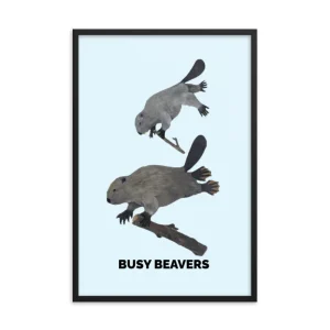Two beavers swimming with the caption 'BUSY BEAVERS'.