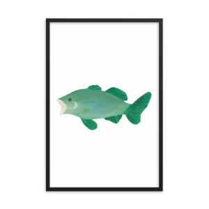 Minimalist illustration of a green fish in a black frame.