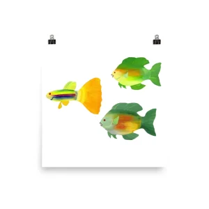 Illustration of four colorful fish swimming together on white background.