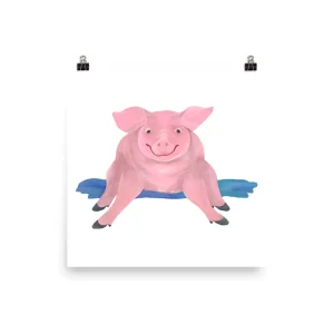 A happy pink pig sitting on a blue mat.