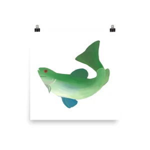 Green shark illustration with blue and teal fins on white background.