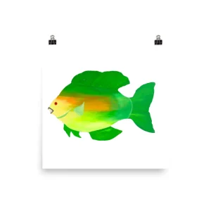A vibrant green and yellow fish illustration on a white background.