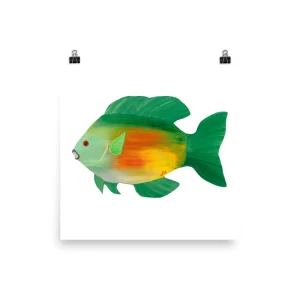 Colorful tropical fish illustration with vibrant green, yellow, and orange hues.