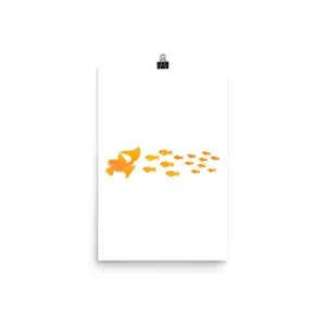Illustration of a large orange fish leading a group of smaller fishes.