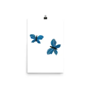 Minimalist art of two blue butterflies on white background.