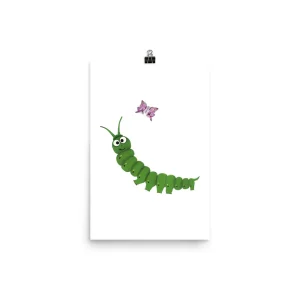 A green caterpillar and a pink butterfly on a white background.