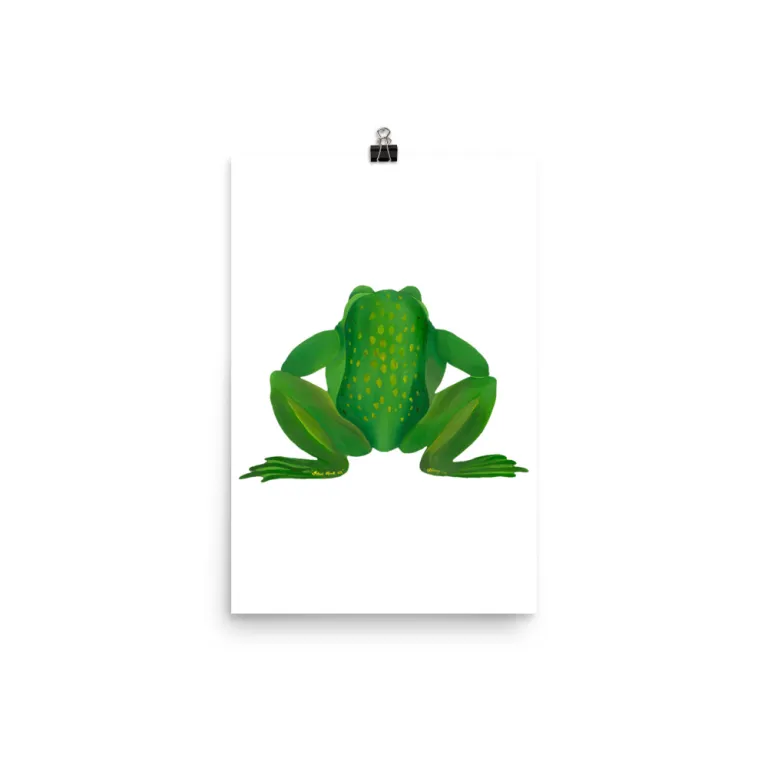 Close-up of a green frog on a white background.