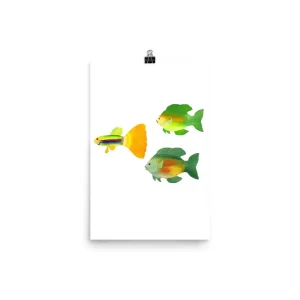 Artistic print of colorful fish swimming on a white background.