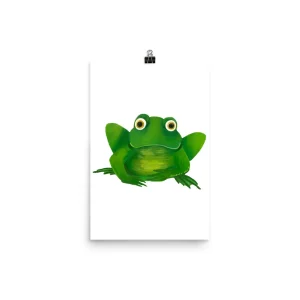 Cute green frog illustration on a white background.