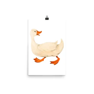 A white duck with orange feet and beak walking beside a small black bee.
