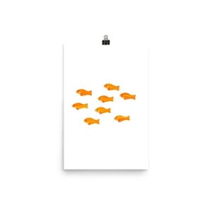 Illustration of nine orange fish surrounding a black hook above.