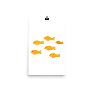 Illustration of eight orange fish with one smaller fish swimming differently.