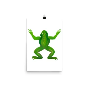 Green frog illustration with arms raised and a small lantern above.