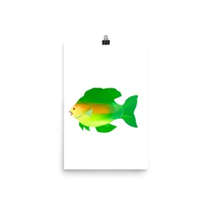 A green and yellow fish illustration on white background.