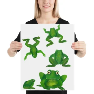 Woman holding a poster with multiple green cartoon frogs.