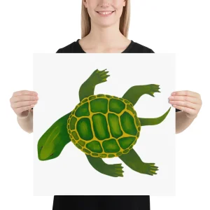 Person holding a poster of a green turtle illustration.