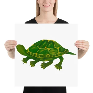 Person holding a white poster with a green turtle illustration.