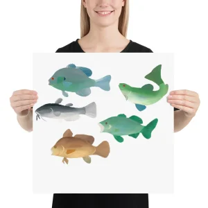 Person holding a poster with colorful fish illustrations.