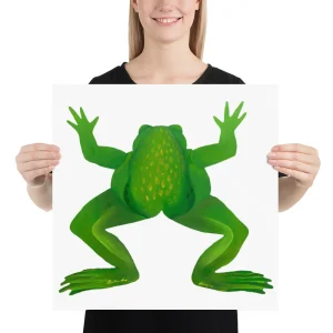 Person holding a poster of a bright green frog from a top-down view.