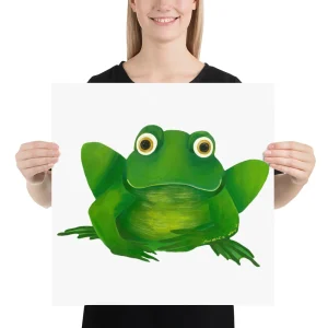 Person holding a large poster of a cartoon green frog.