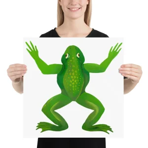 Person holding a poster of a green frog with outstretched limbs.