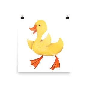 A bright yellow cartoon duck with orange beak and feet.