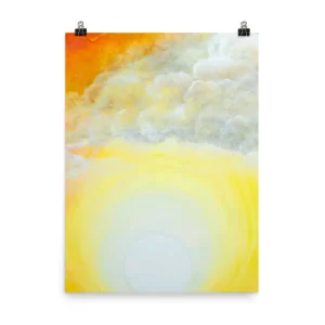 Abstract painting with a glowing sun and cloudy sky in warm tones.