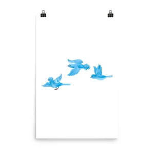 Illustration of four blue birds flying in formation on a white background.