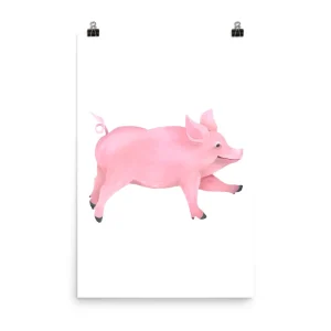 A playful pink piglet running on a white background.