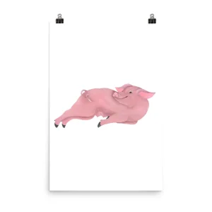 A pink pig lying down contentedly on a white background.