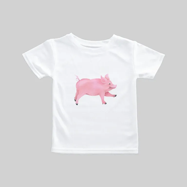 White t-shirt with a pink pig graphic on the front.