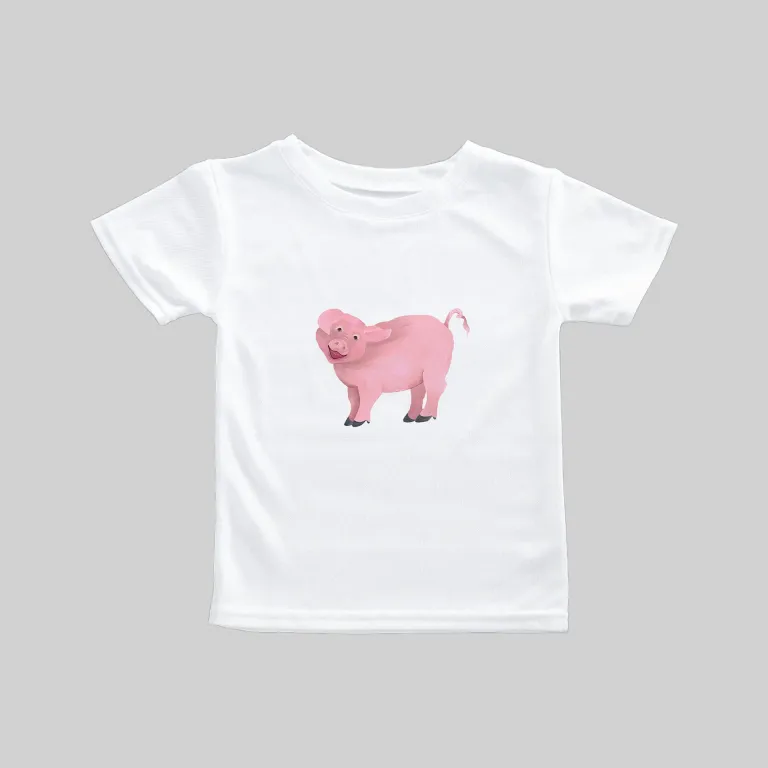 White t-shirt with a pink pig graphic in the center.