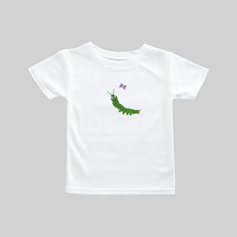 White t-shirt with a cute green caterpillar and flower design.